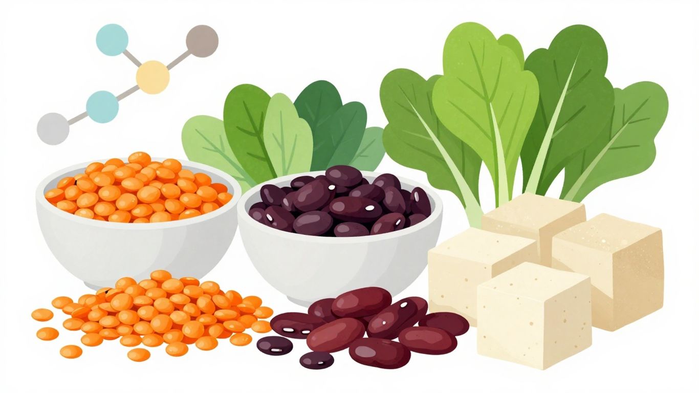 Plant-based foods and amino acid chains illustration.