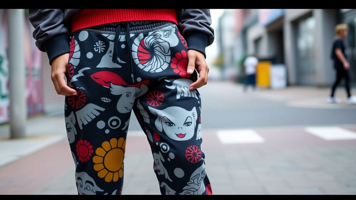 Stylish Japanese joggers on a street fashion model.
