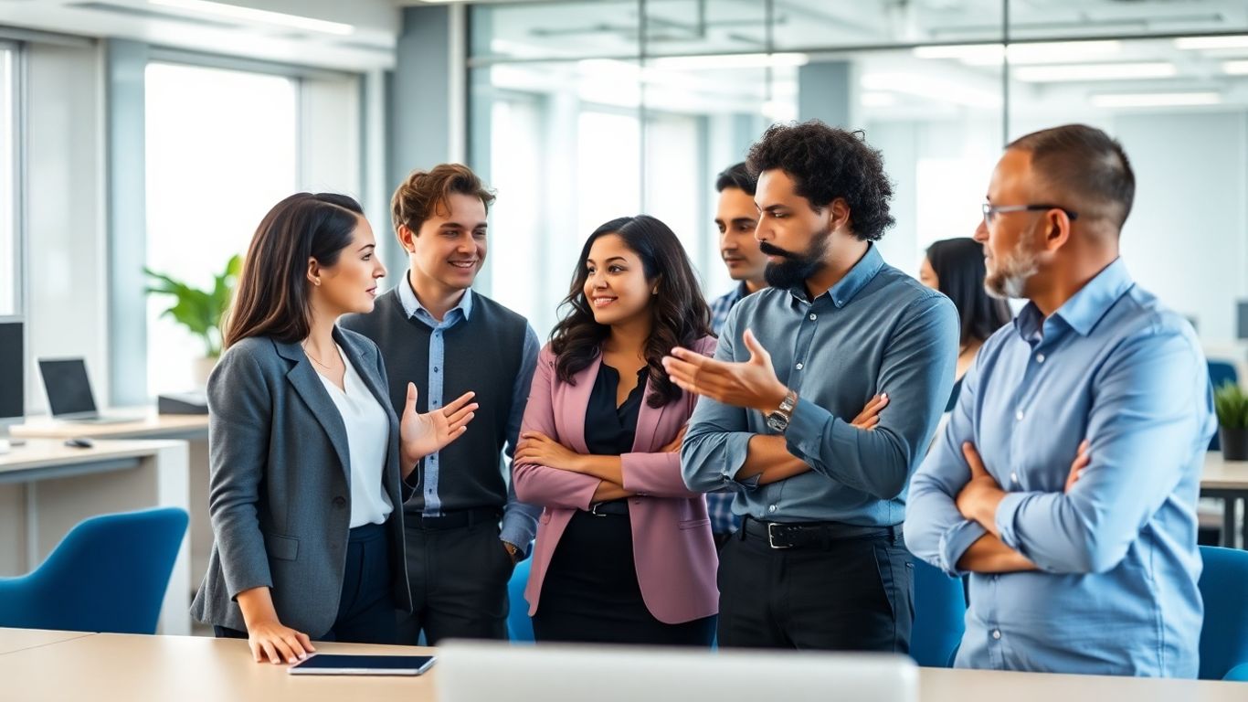 Menschen im Büro diskutieren über die Zukunft der Arbeit.