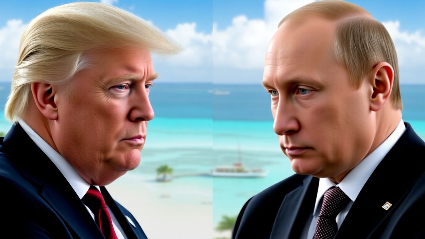 Split image of Trump and Putin with Caribbean islands backdrop.
