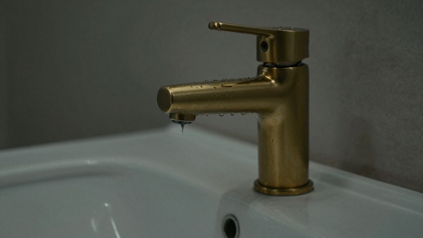 Brushed brass bathroom faucet in a modern sink.