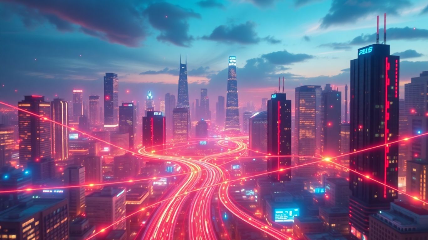Futuristic digital cityscape with glowing blockchain connections.