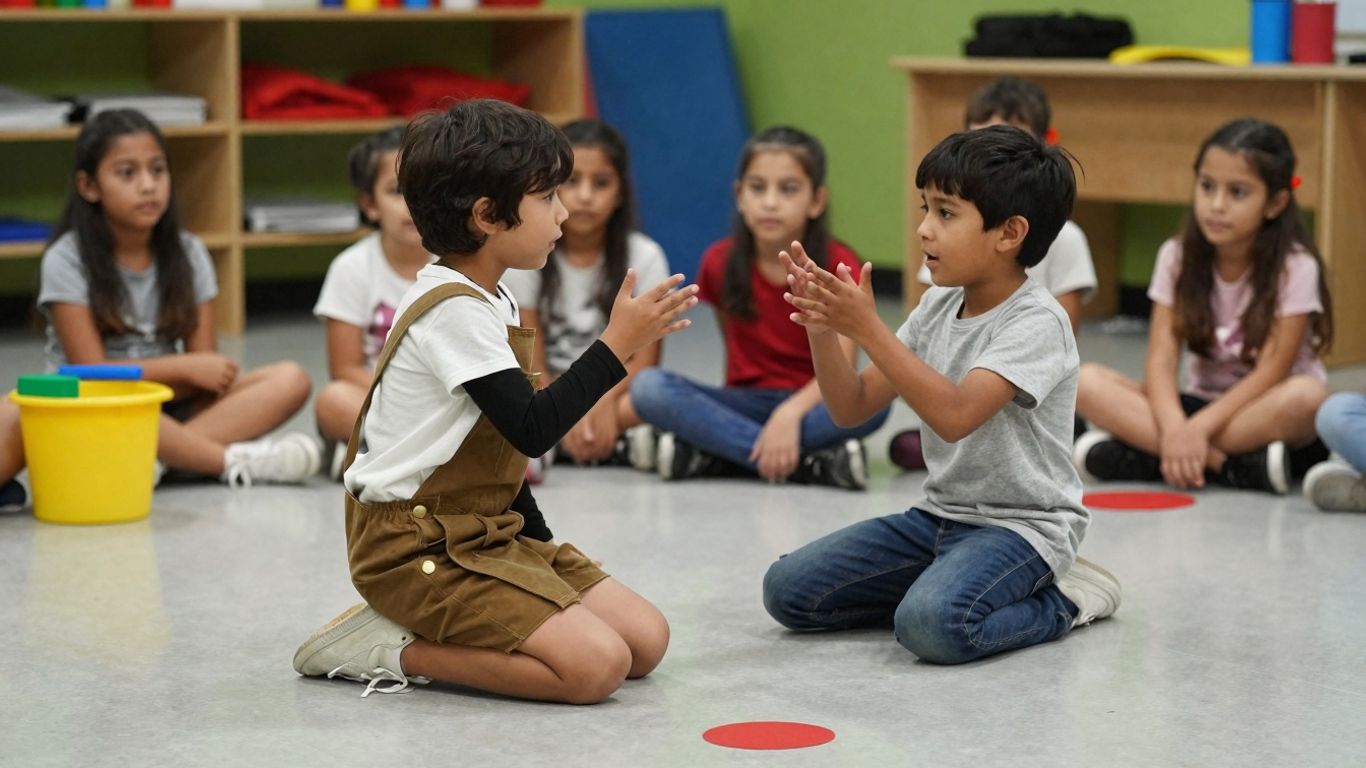 Copii jucându-se pe scenă în timpul unei lecții de teatru.