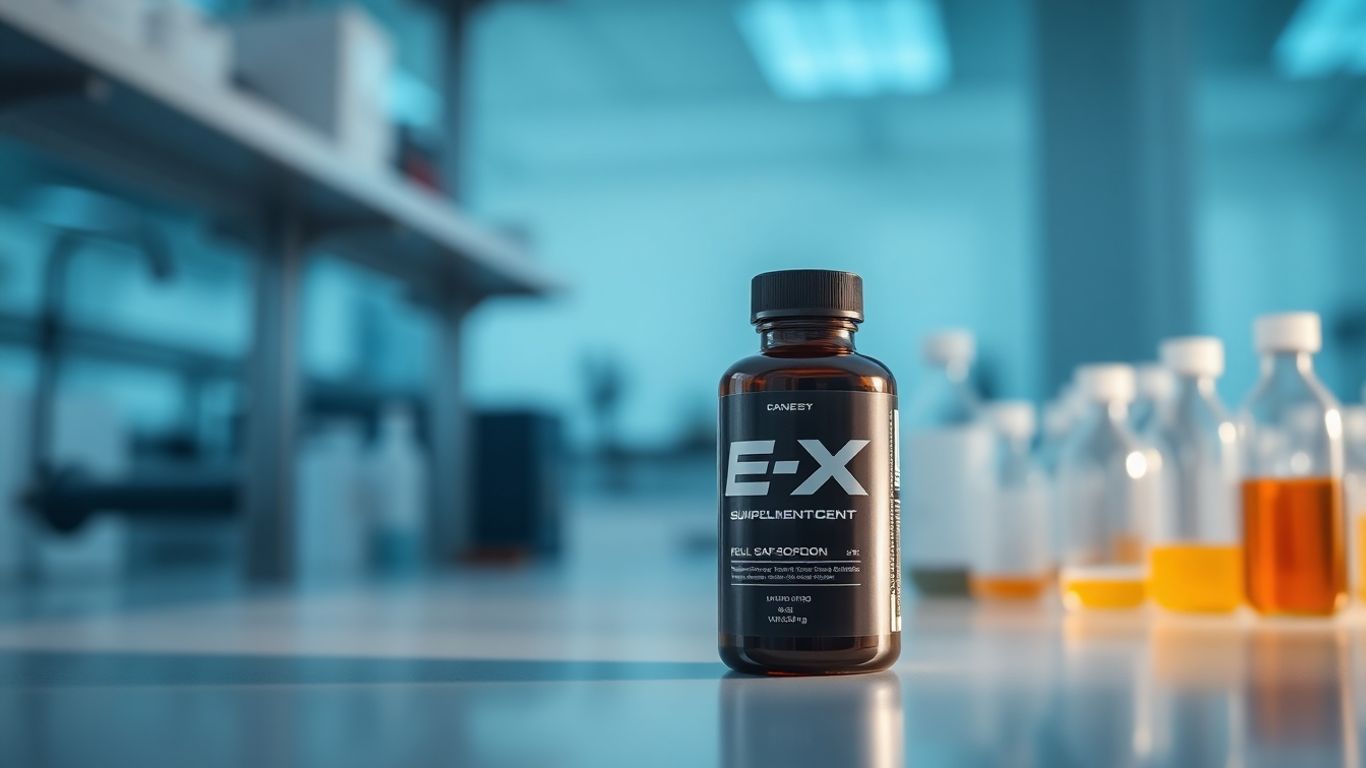 Bottle of E-X Supplement in a clean lab setting.
