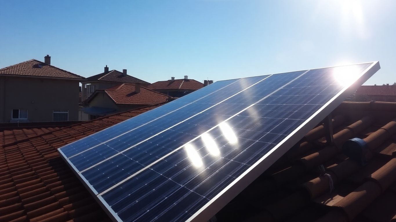 Johannesburg rooftop with new solar panels under a blue sky.