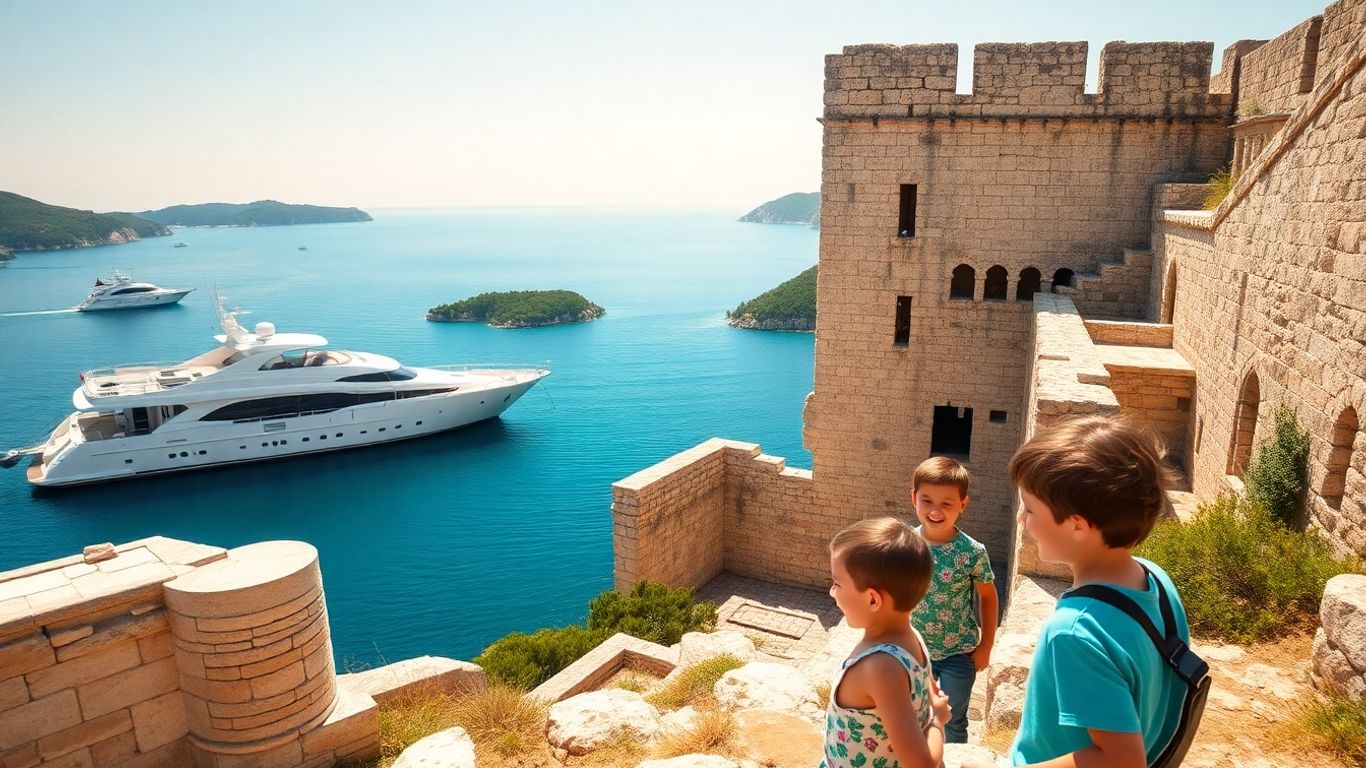 Yacht di lusso e famiglia che esplorano la costa croata.