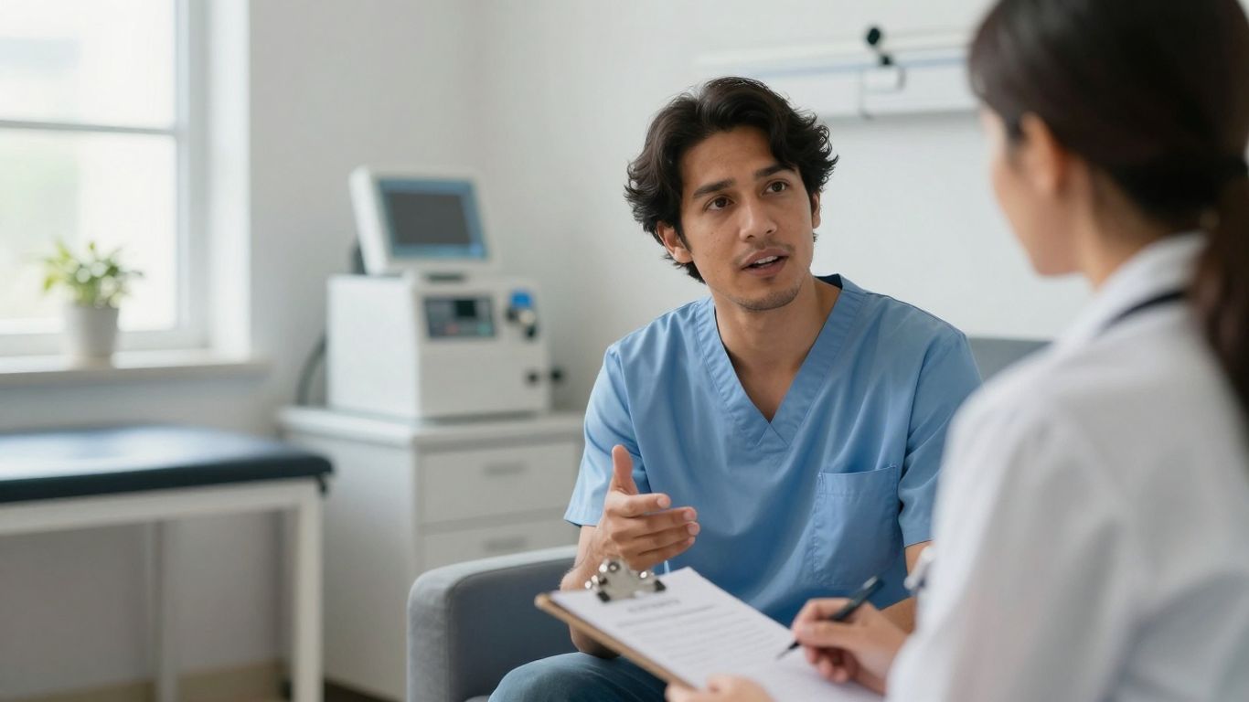 Patient talking to doctor during medical visit.