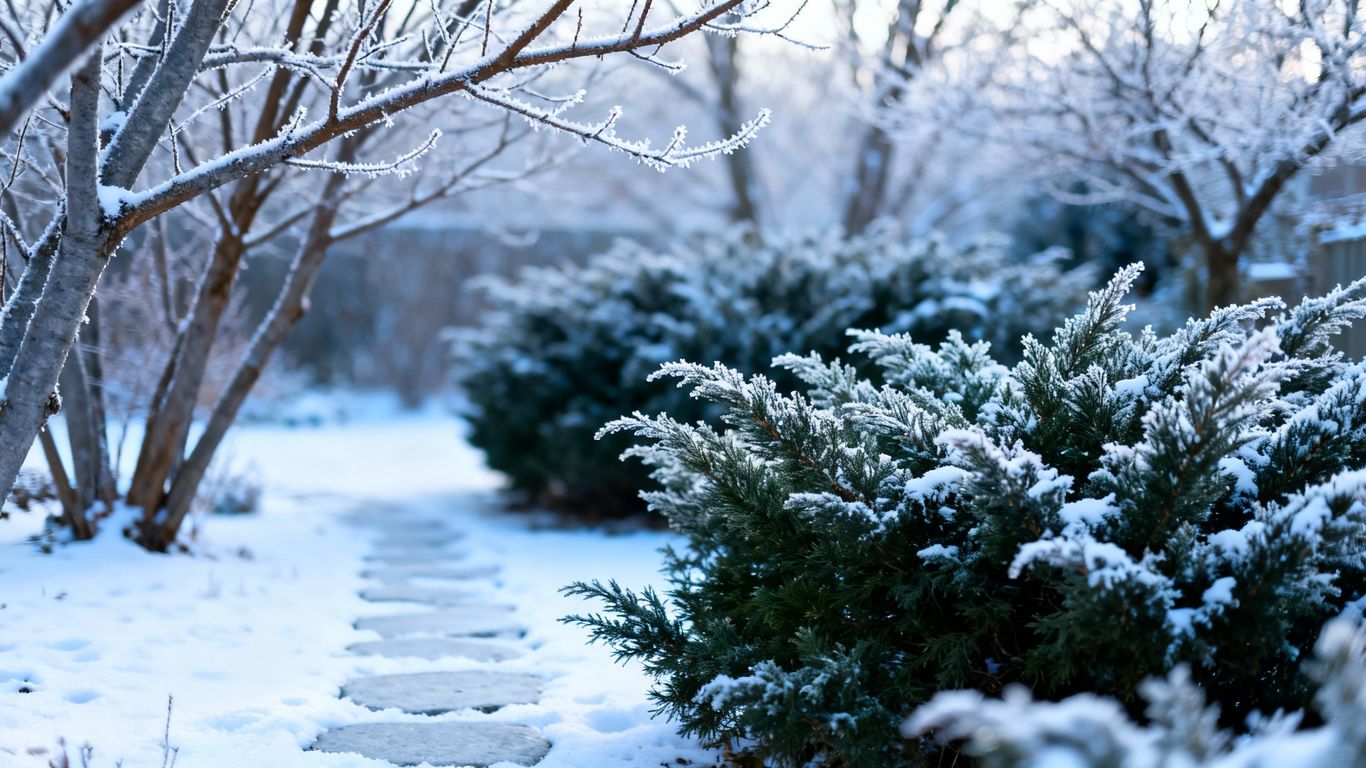 Winter yard with snow on evergreen shrubs and trees.