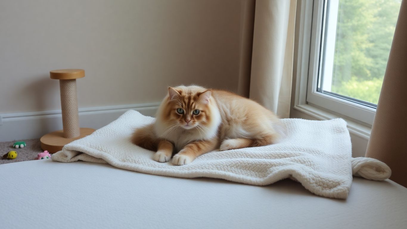Cat relaxing in a sunlit room with toys.