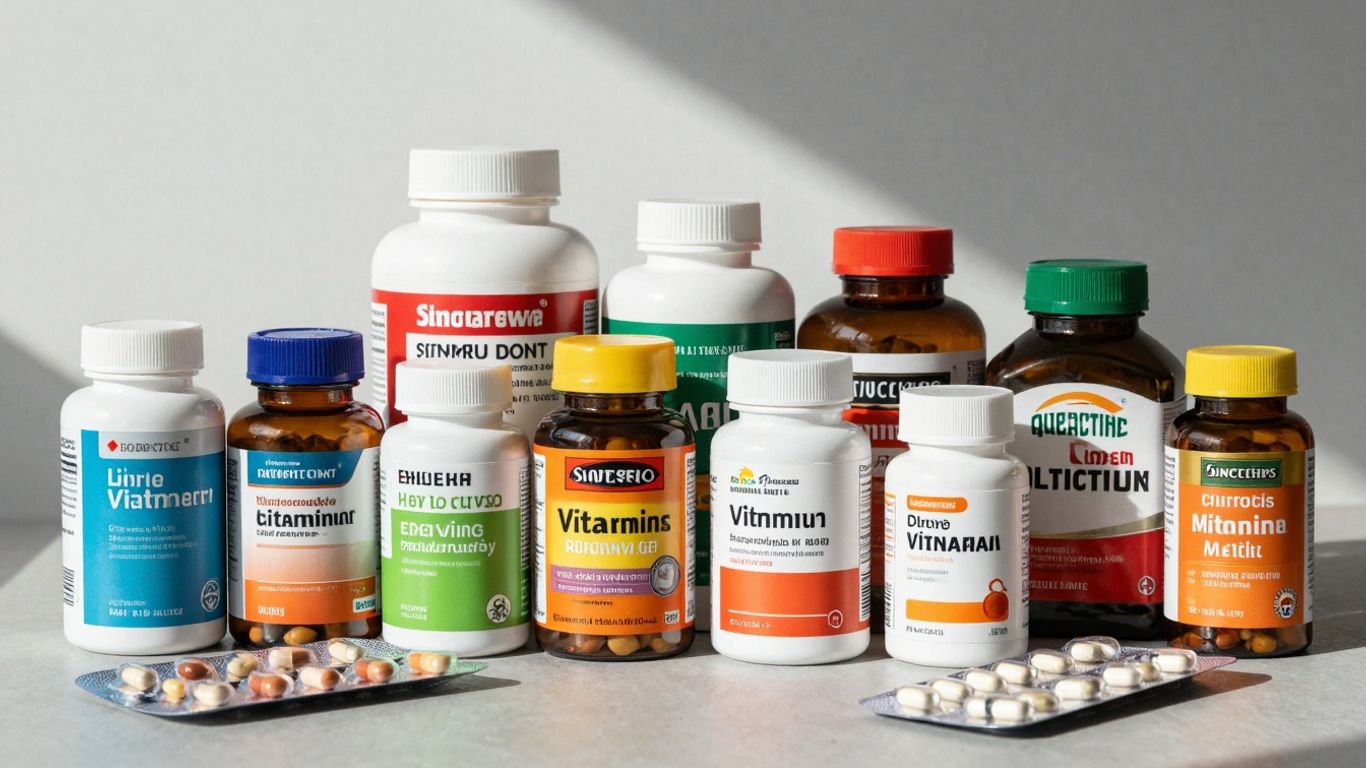 Vitamine și minerale în ambalaje colorate.