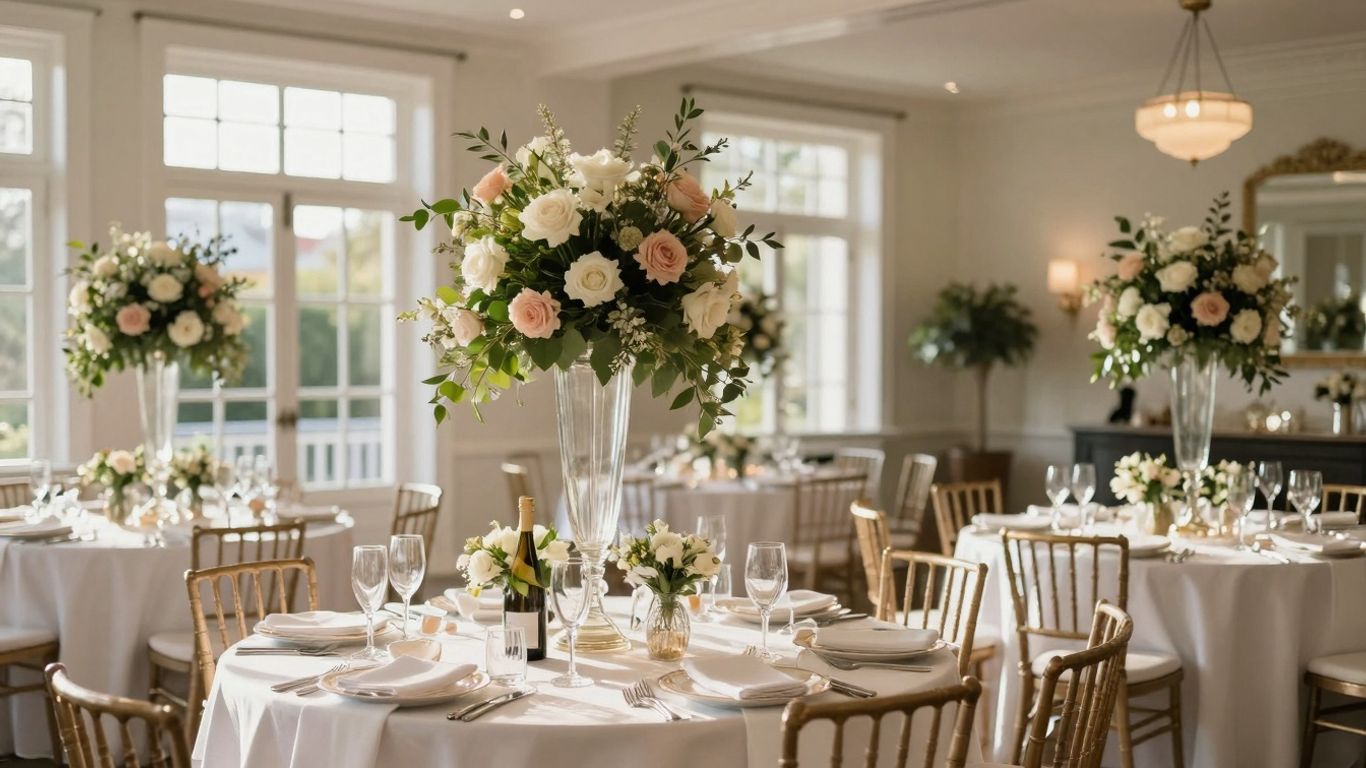 Elegant bridal shower venue with flowers and set tables.
