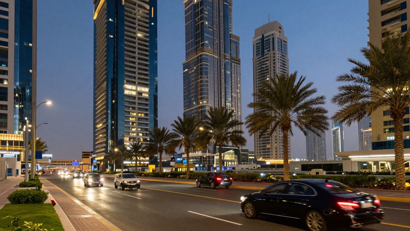 Dubai skyline at dusk with luxury cars and palm trees.