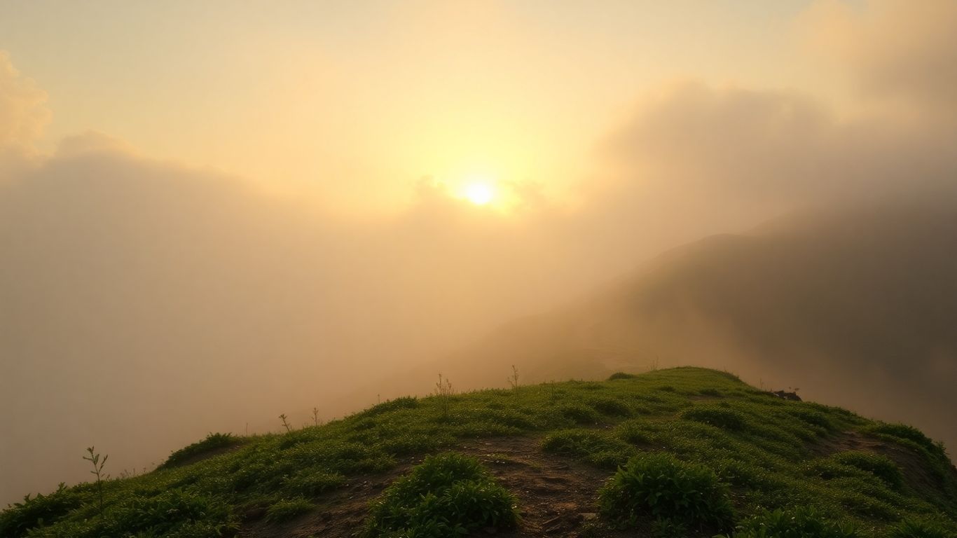 Berglandschaft im Nebel mit Pfad zum Neuanfang