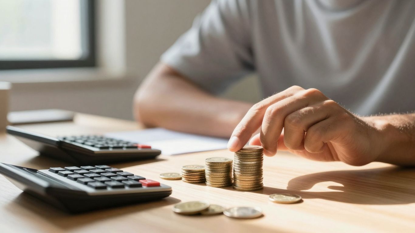 Person considering cost of disability insurance with coins and calculator.