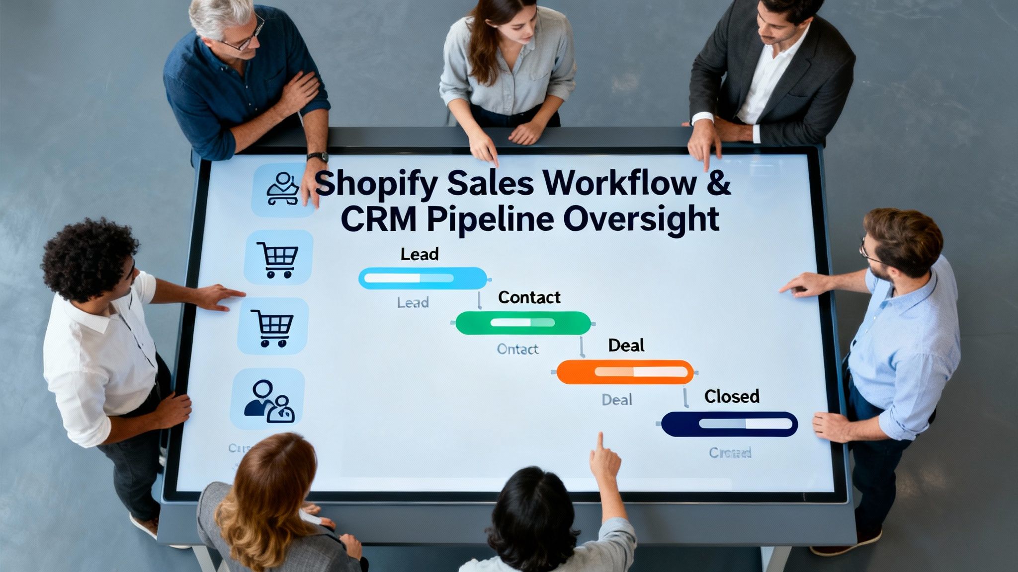 Team overseeing Shopify sales workflows with CRM pipeline visualization
