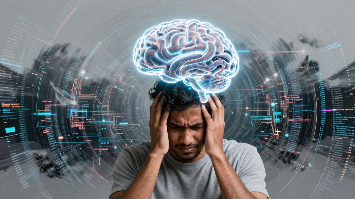 Stressed person with AI brain overhead, digital chaos background.