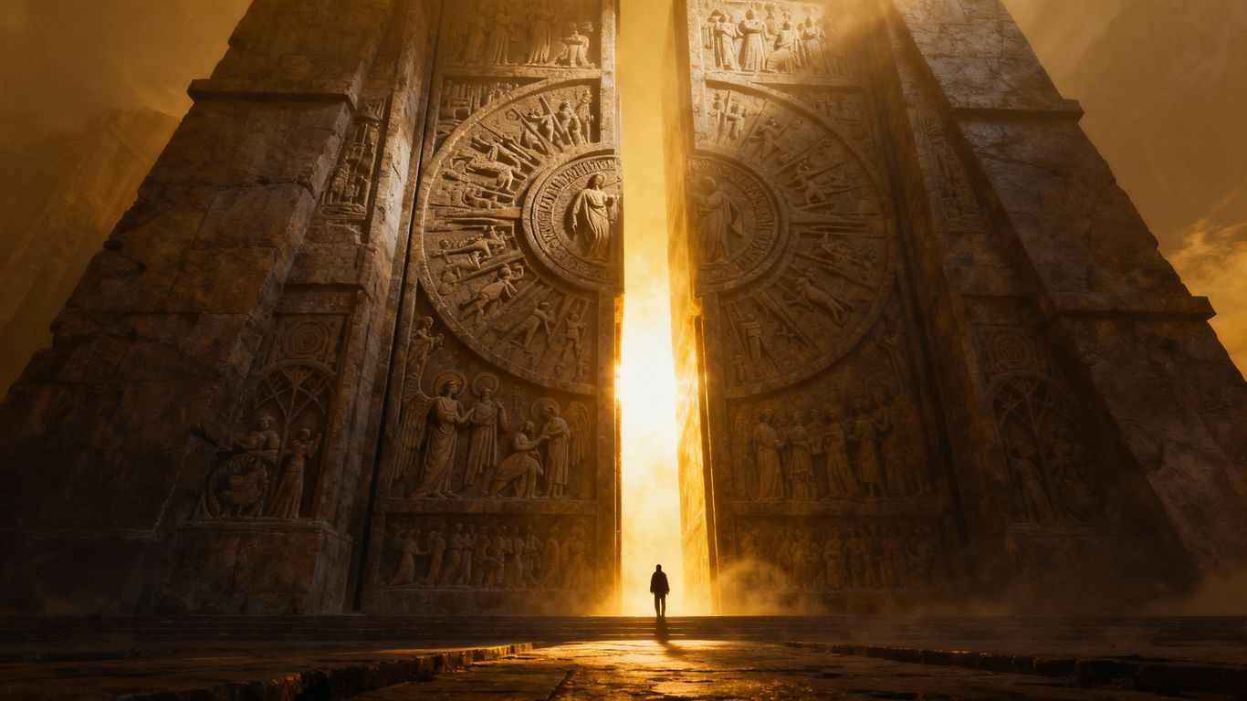 Gate Zero game art with ancient biblical gate.