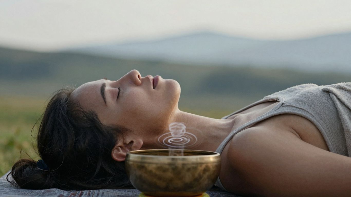 Person meditating with singing bowl, peaceful nature background.