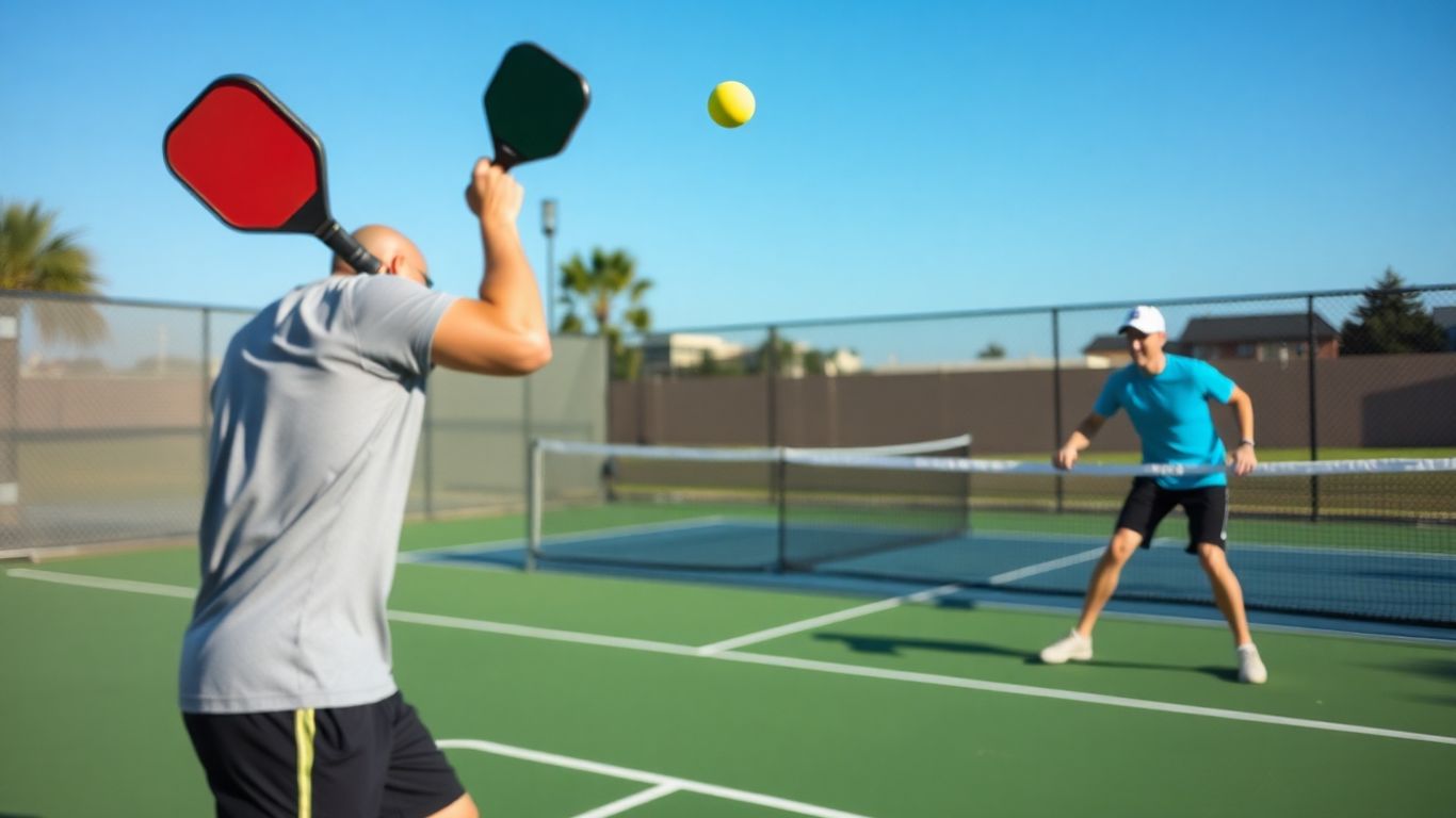 Pickleball players in action on a court during a game.