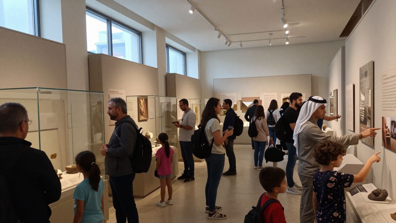 Oameni interacționând cu exponate într-un muzeu luminos.