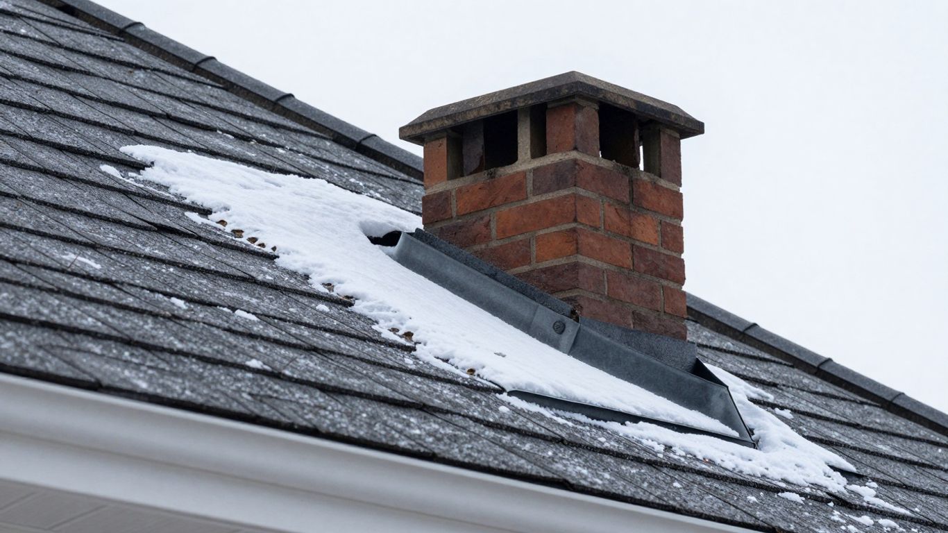 Chimney flashing installed on a snowy roof.