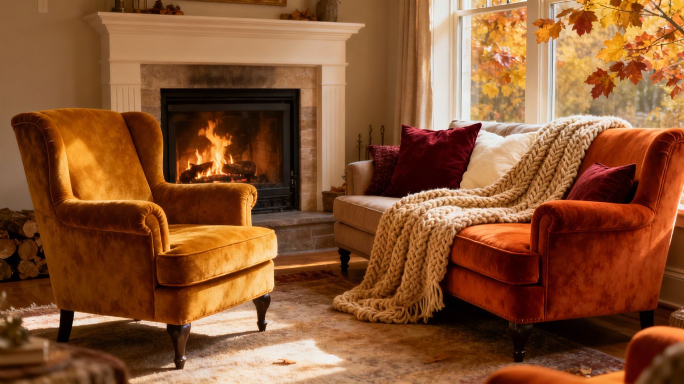 Cozy fall living room with warm colors and fireplace.