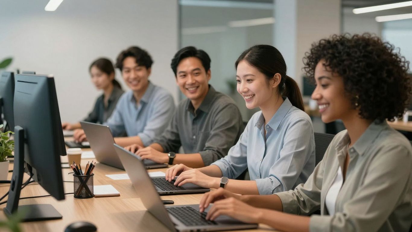 People working on computers in an office.