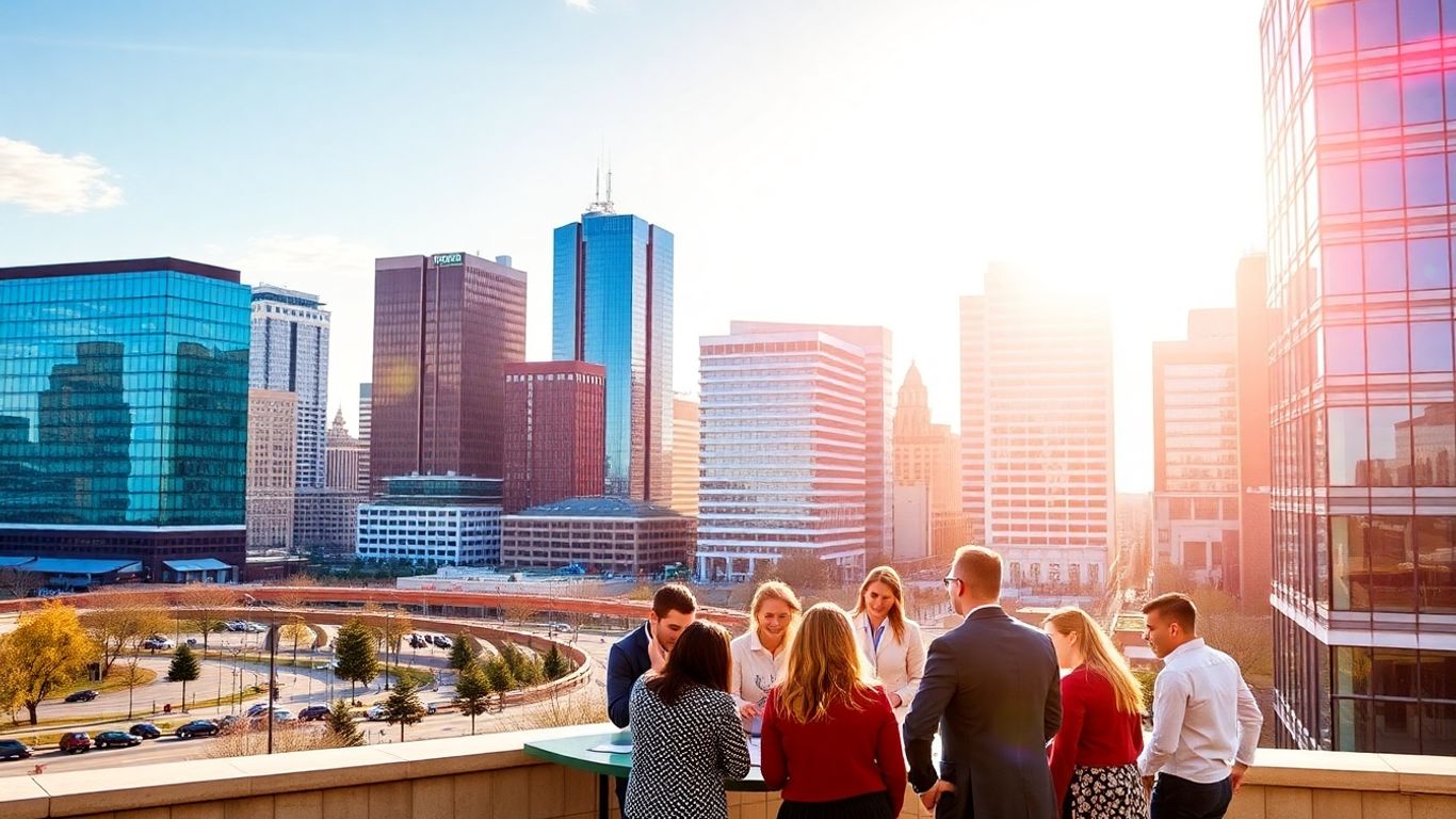 Springfield MO business district with professionals collaborating.