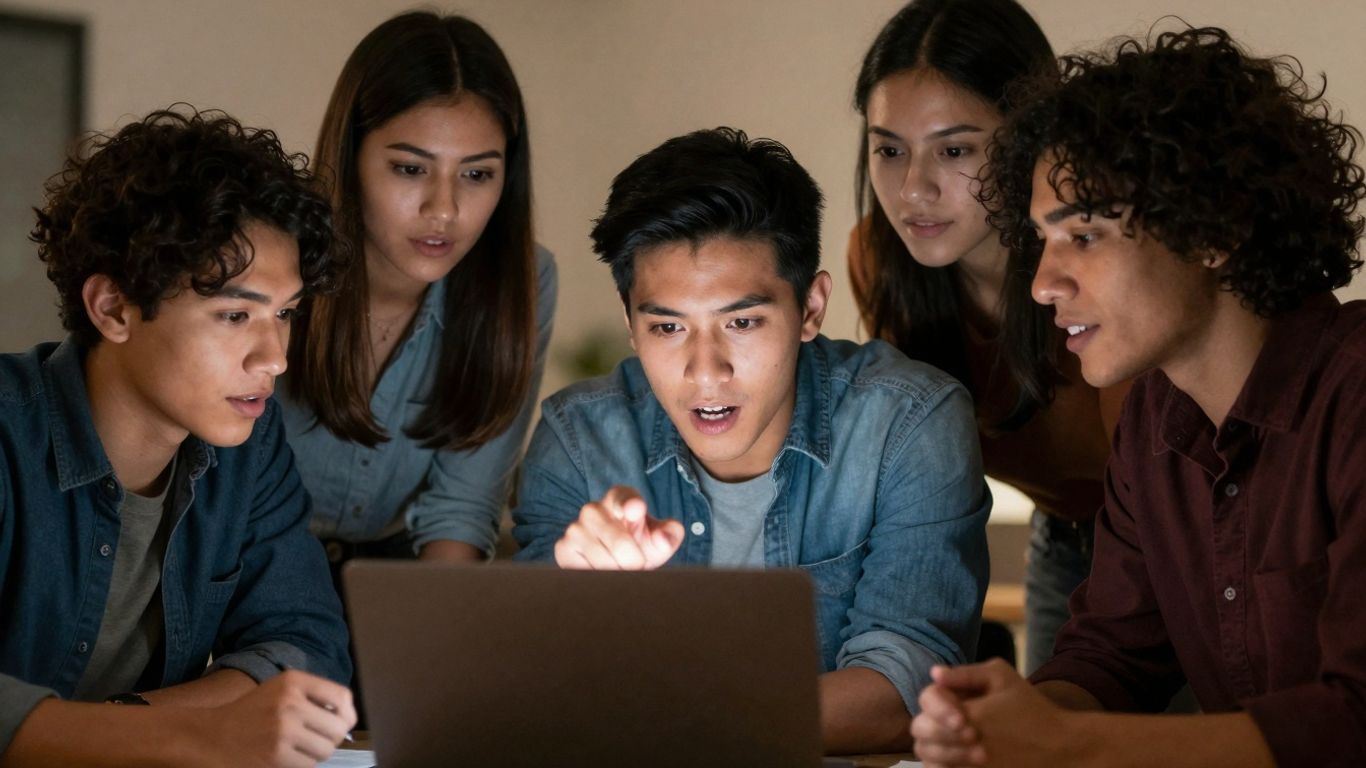 Team collaborating intensely on a laptop during a hackathon.