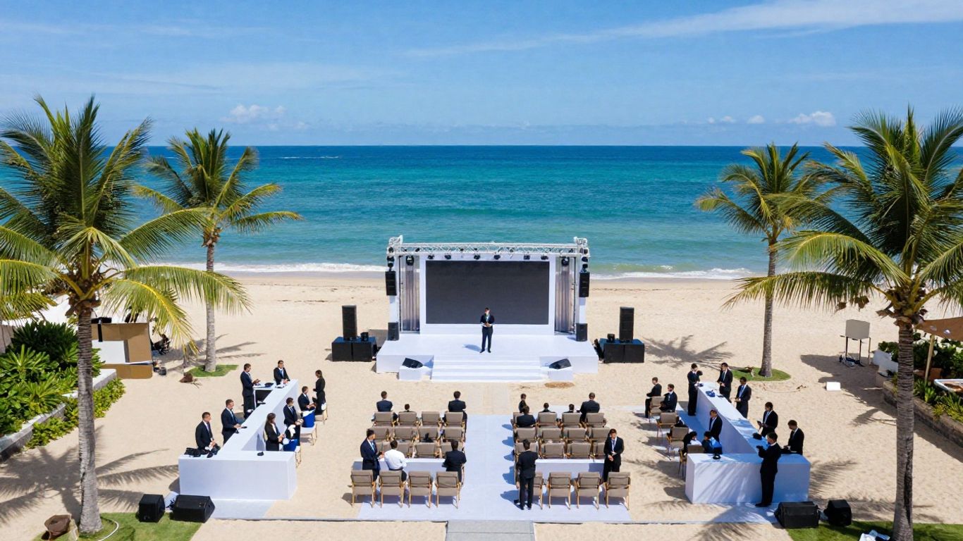 Bali corporate event setup on a beach with ocean backdrop.