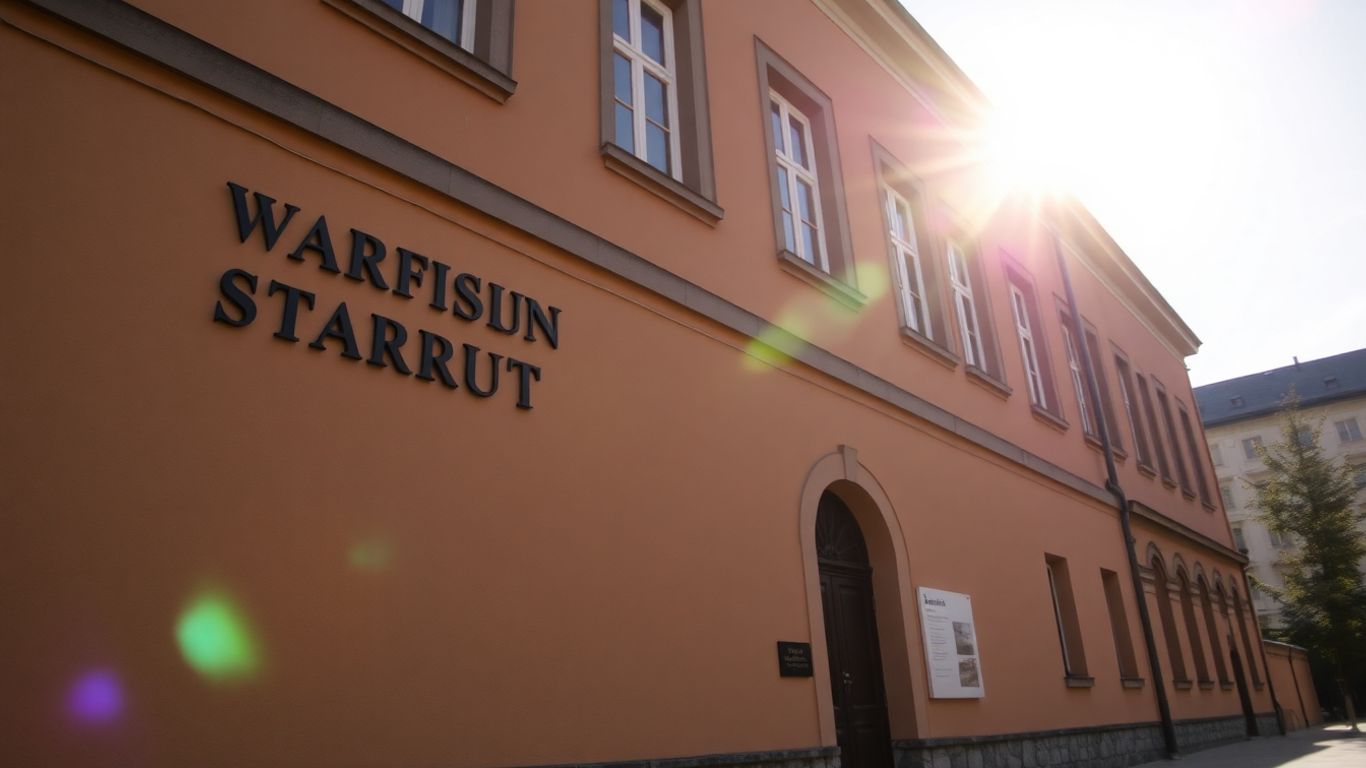 Warszawskie muzeum z zewnątrz w słoneczny dzień.