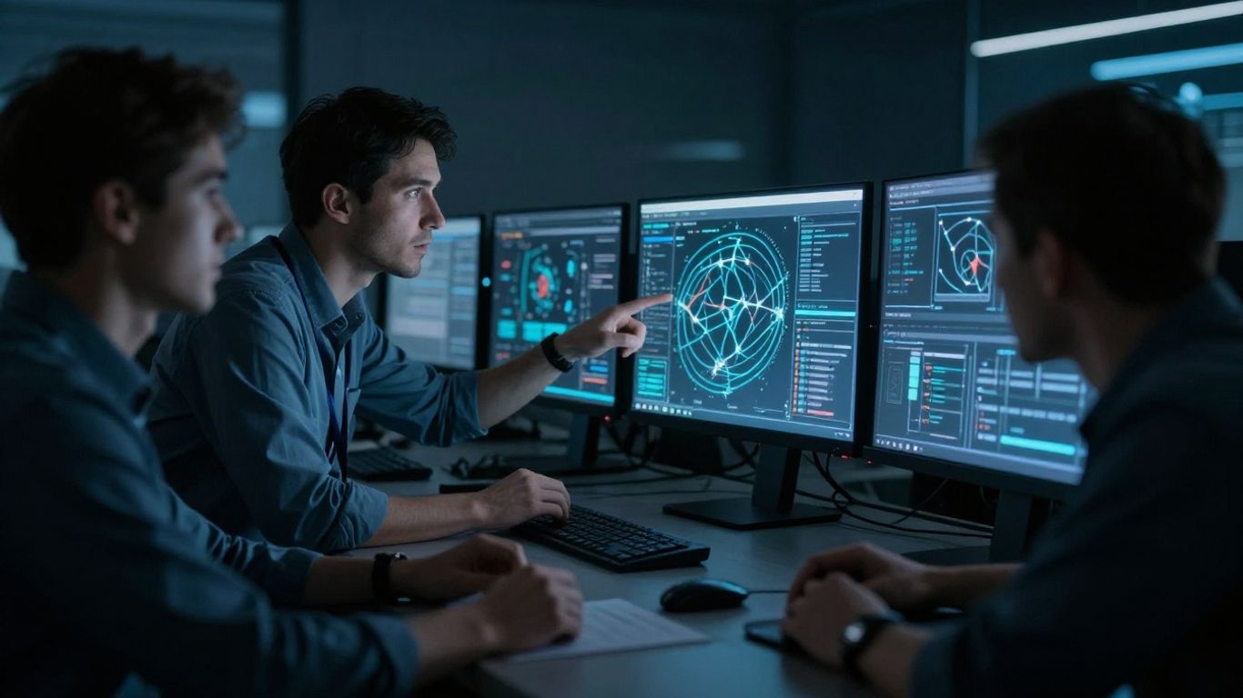 Cybersecurity team practicing for attack scenarios in a control room.