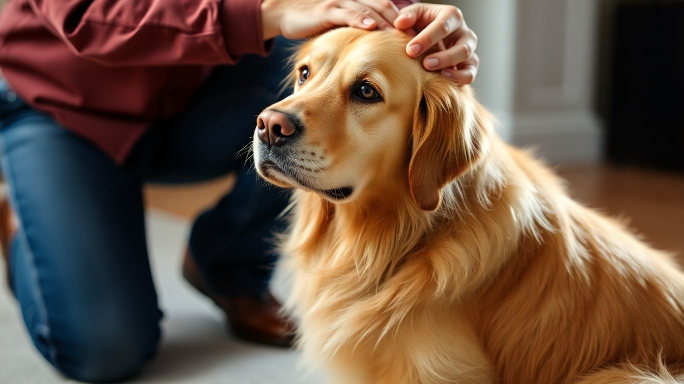 Dog looking at owner, being petted calmly.
