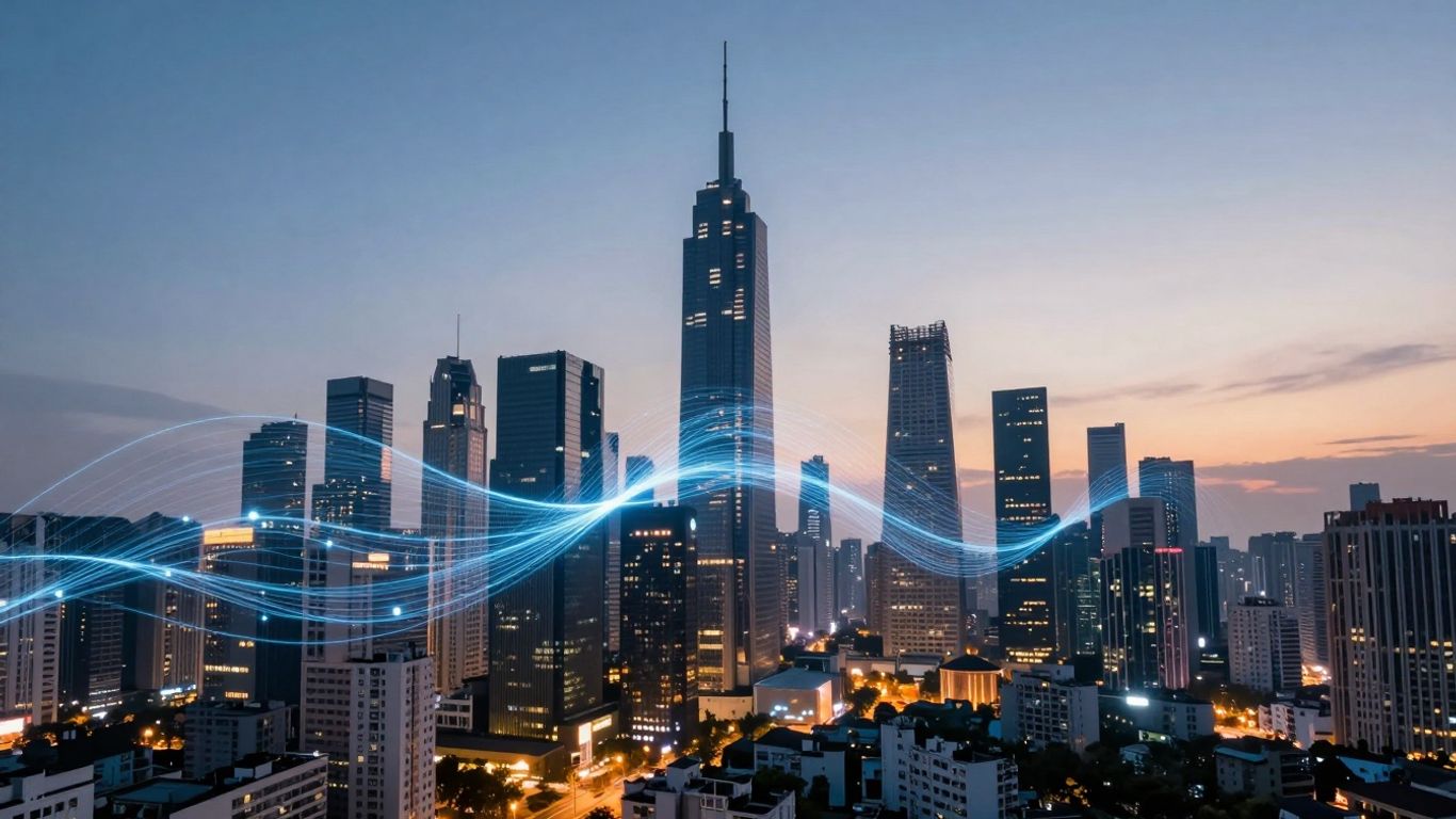 AI transforming modern business cityscape with digital streams.