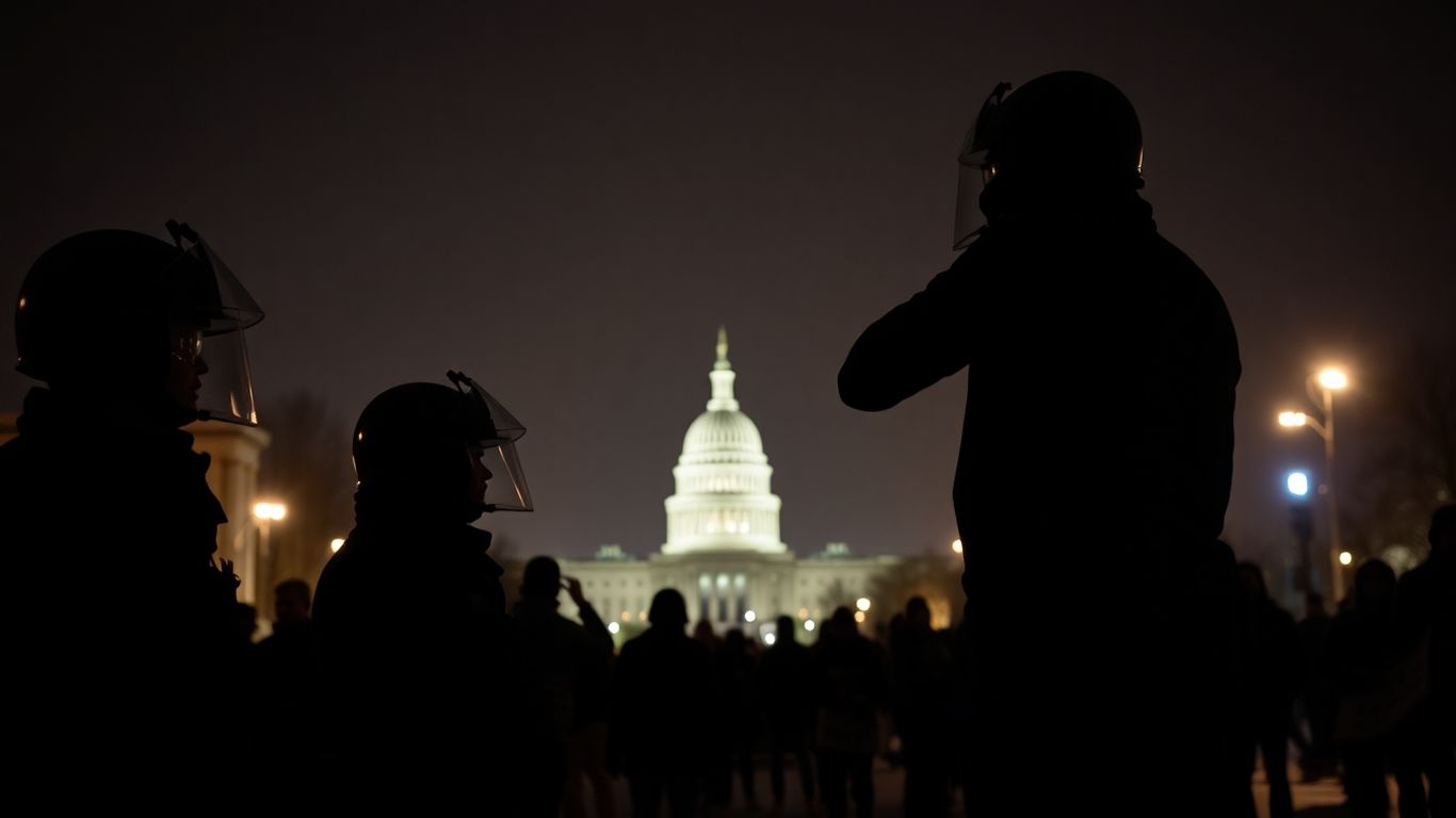 Protesters and law enforcement clash near Capitol building.