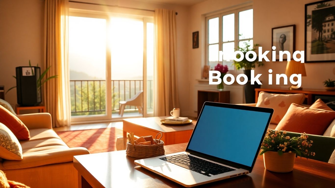 Cozy Airbnb interior with sunlight and scenic view.