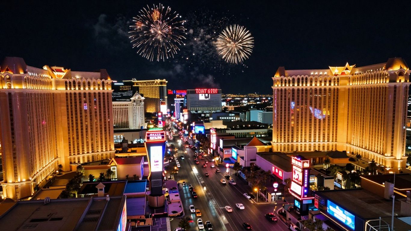 Las Vegas Strip at night with bright neon lights.
