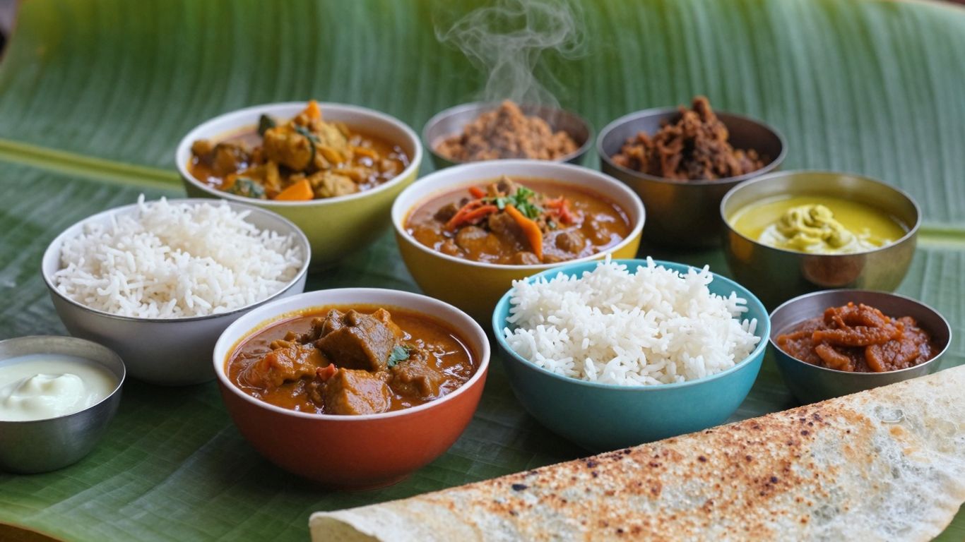 Assortment of delicious South Indian dishes on a banana leaf.