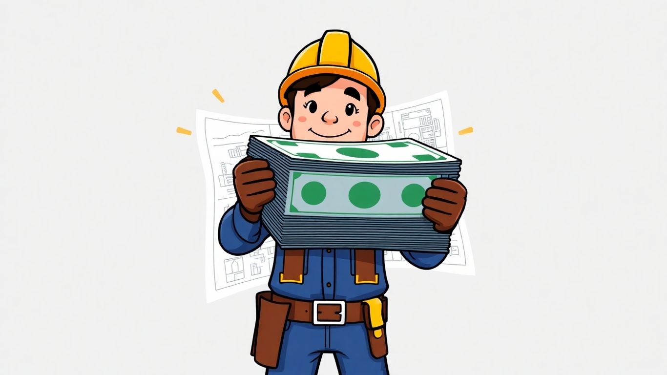 Construction worker with money and blueprint