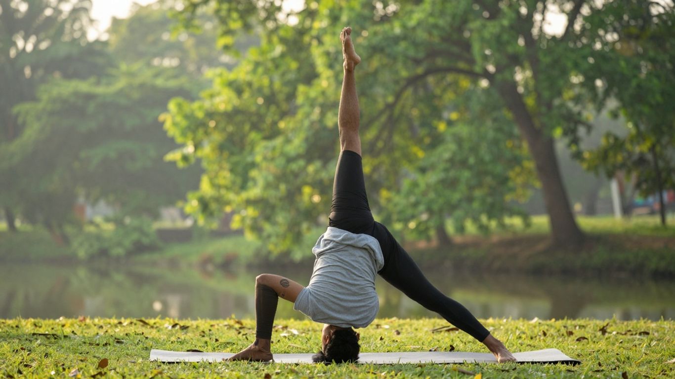 Femeie practicând yoga în natură, lumină blândă, peisaj liniștitor.