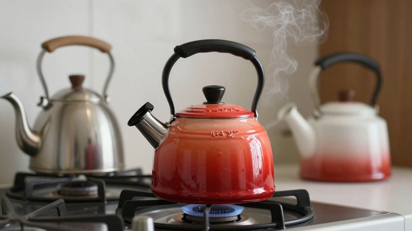 Le Creuset kettle and alternatives on a stovetop.