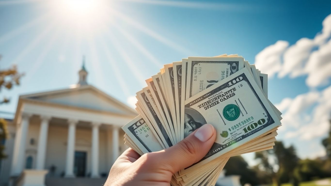 Hand holding money with government buildings in background.
