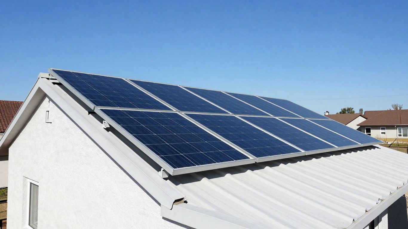 Solar panels on a roof under the sun.
