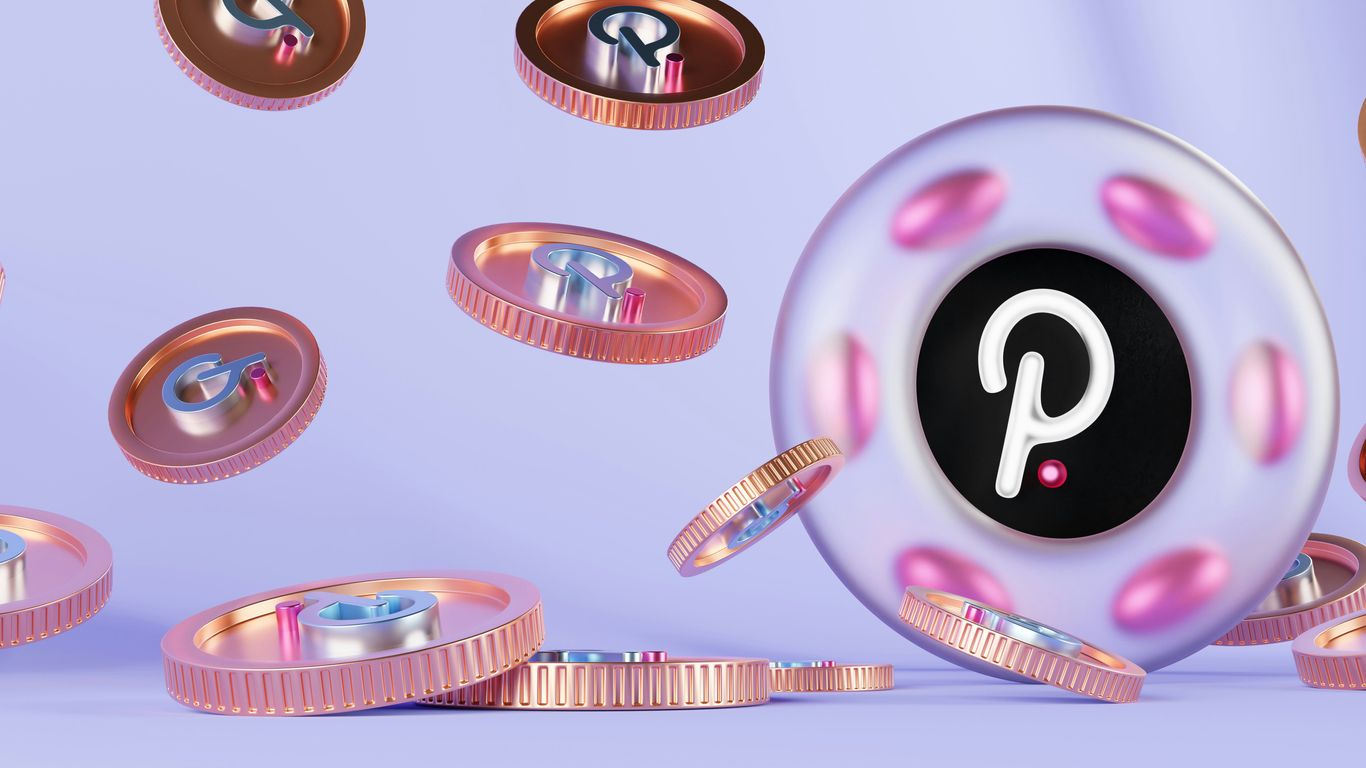 Digital coins with a logo, floating against a soft background.