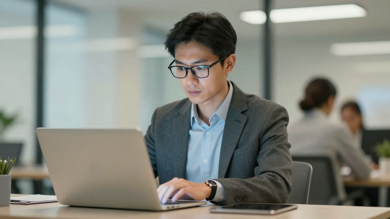 Professional focused on a glowing laptop screen with tech background.
