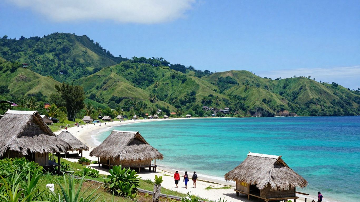 Sumba Island's scenic landscape with hills, water, and houses.