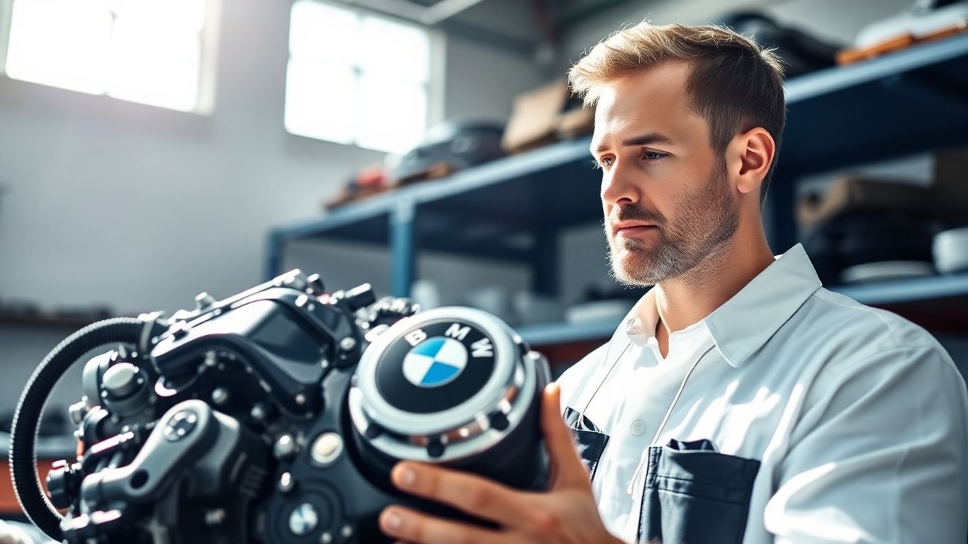 Mechanic inspects BMW engine part in workshop.