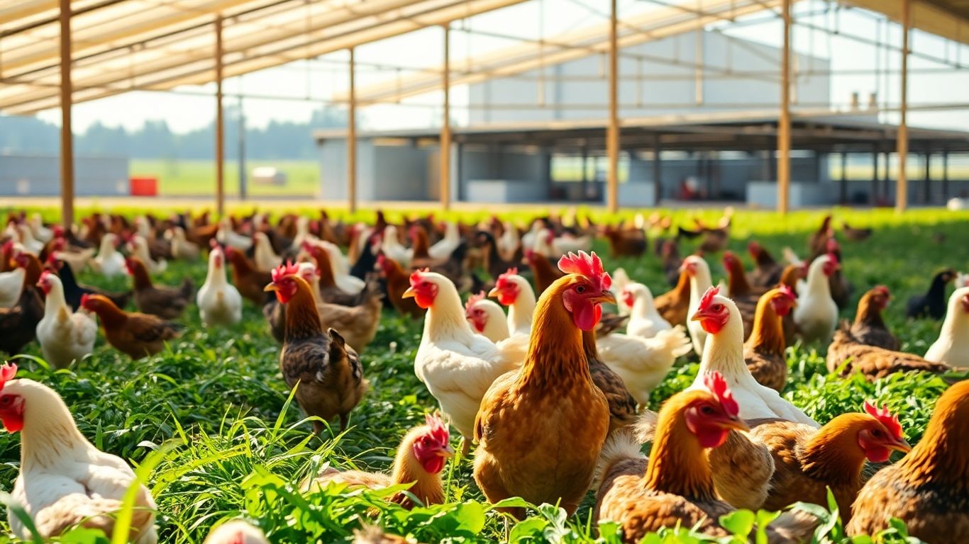 Healthy chickens in a sunny, green farm enclosure.
