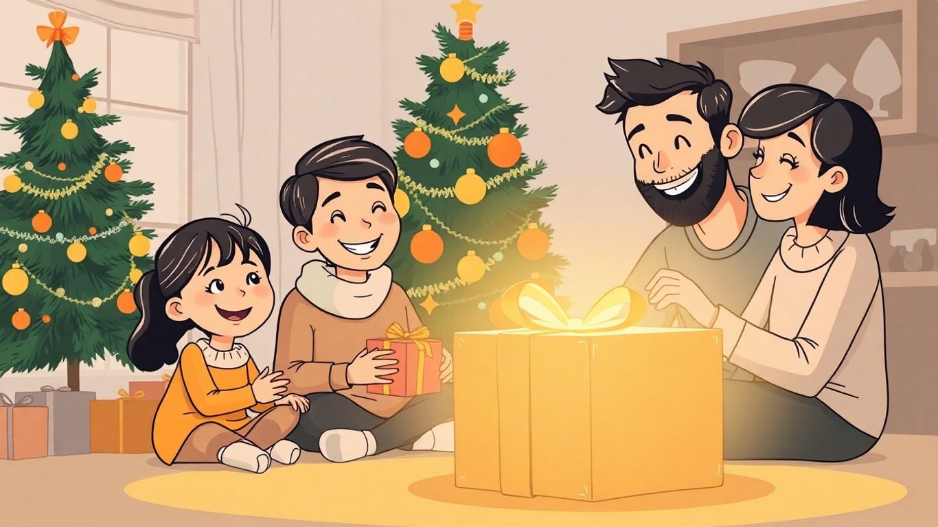 Animated holiday gifts and family celebrating.
