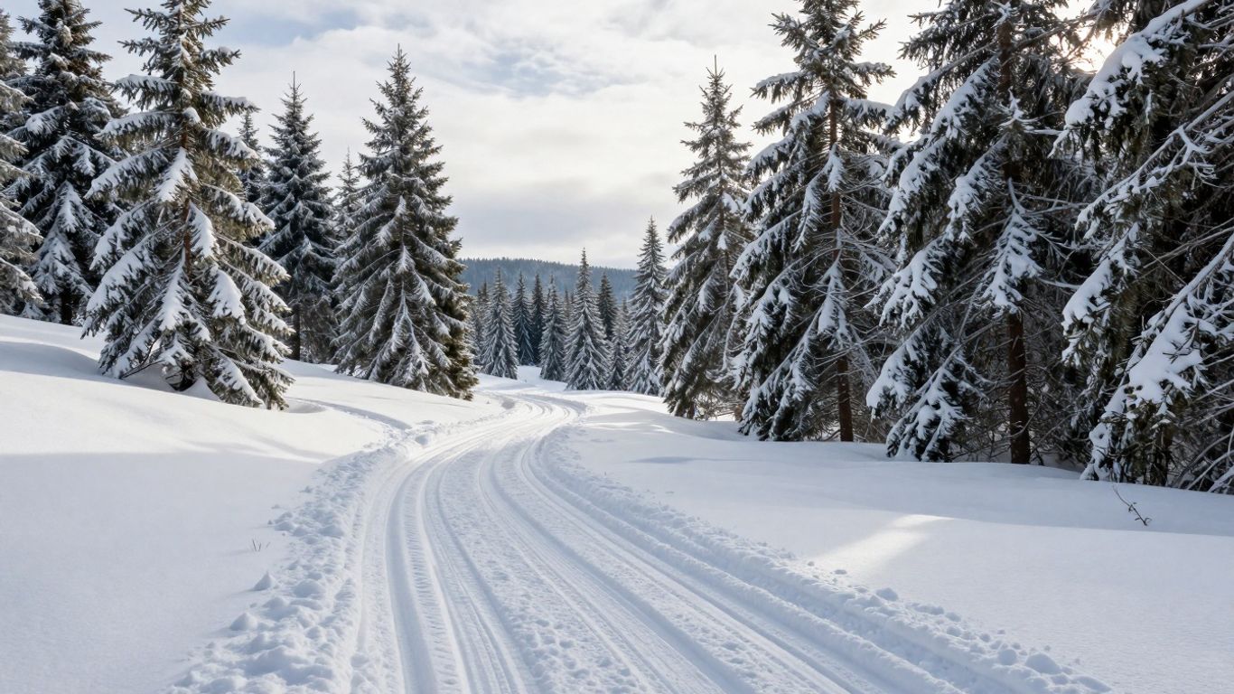 Langlaufspur im verschneiten Harz mit Bäumen